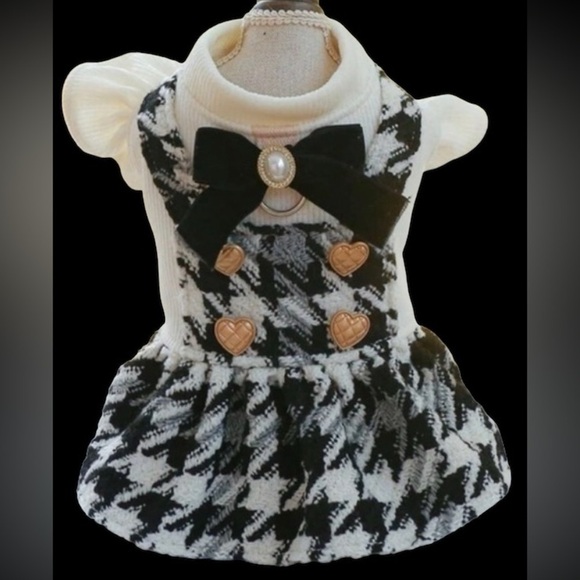 Dog Dress Black & Cream Jumper with Gold Buttons And Black Bow with Pearl - Picture 1 of 16